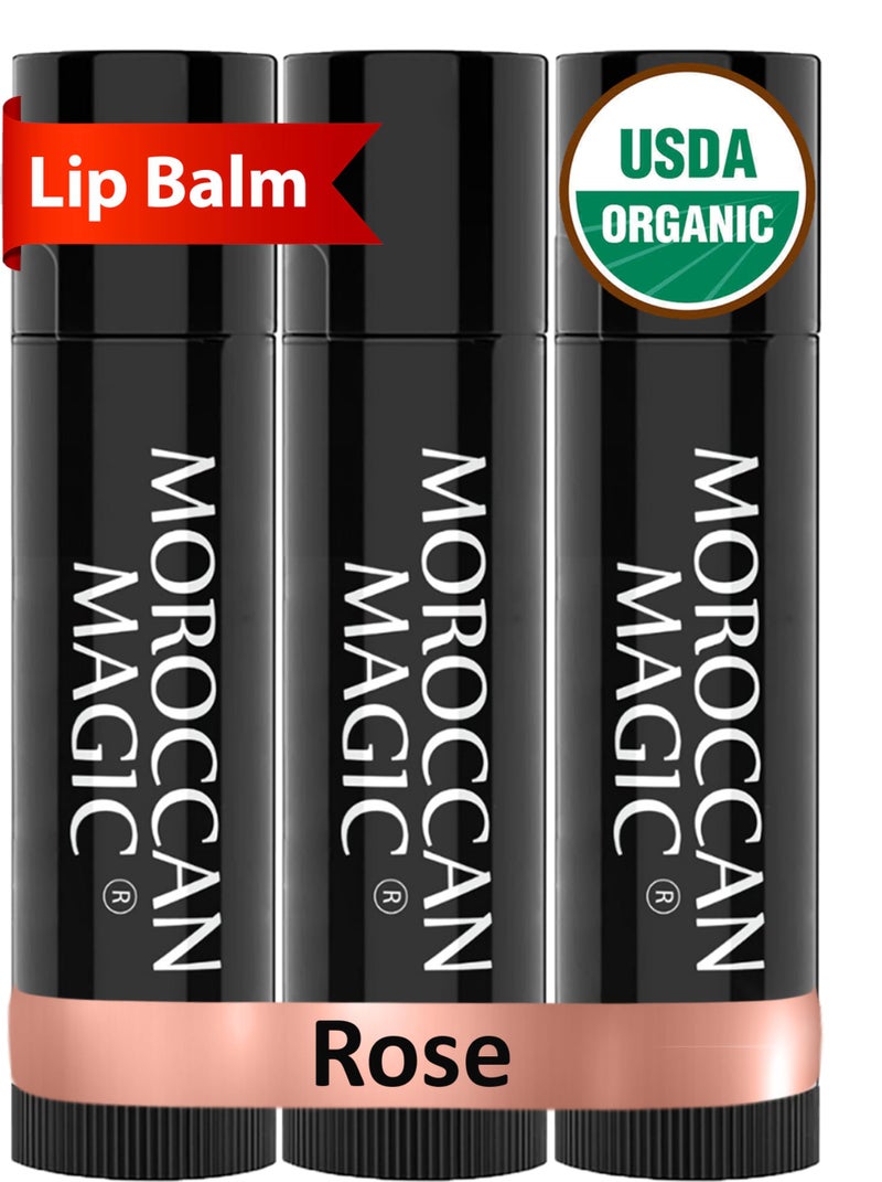 Moroccan Magic Organic Rose Lip Balm 3 Pack  UltraHydrating Argan  Essential Oil Lip Moisturizer  Vitamin E  Natural Chapstick for Dry Lips  Smooth NonToxic  Organic Lip Balm